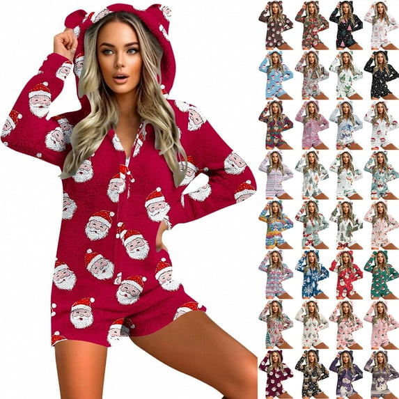 Fartey Women's Christmas Fleece Onesie Pajamas Long Sleeve Short Jumpsuit Sherpa Fuzzy One Piece Zipper Hooded Sleepwear Cute Cats Ear Romper Pink S
