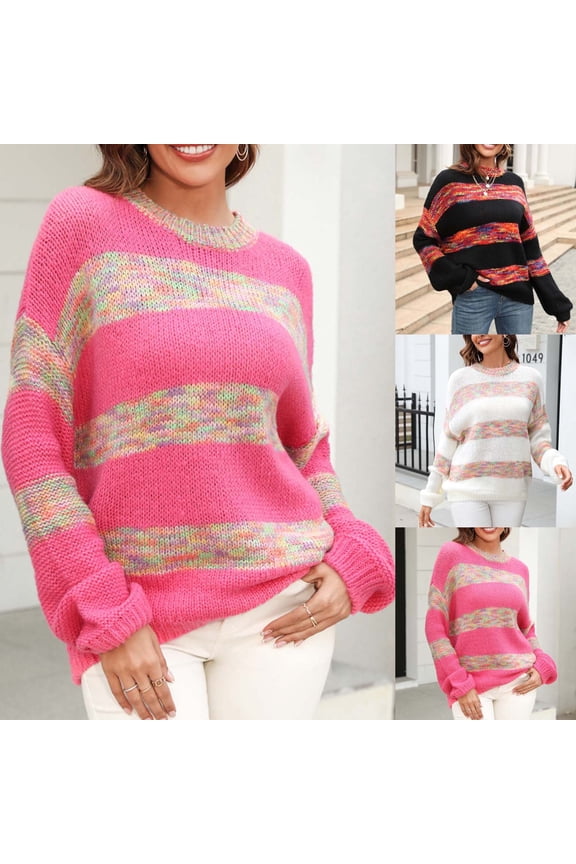 Women's Color Block Sweaters Fashion Casual Knitted Sweater Loose Fit Long Sleeve Crew Neck Pullover Knitwear Fall Winter Holiday Sweater White M