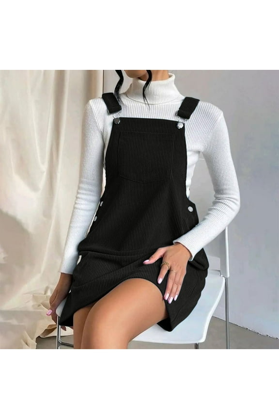 Women's Corduroy Overall Bib Dress with Pockets Summer Solid Color Sleeveless Jumpsuit Casual Loose Pinafore Suspender Mini Dresses Black S-XL