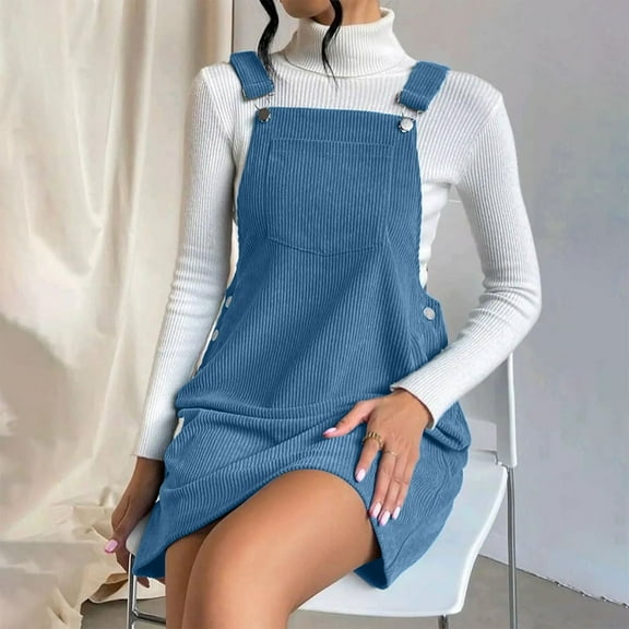Fartey Women's Corduroy Overall Bib Dress with Pockets Summer Solid Color Sleeveless Jumpsuit Casual Loose Pinafore Suspender Mini Dresses Blue S-XL