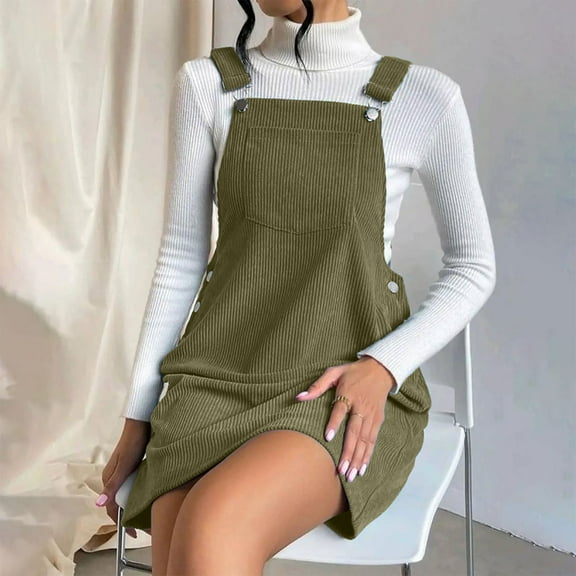 Fartey Women's Corduroy Overall Bib Dress with Pockets Summer Solid Color Sleeveless Jumpsuit Casual Loose Pinafore Suspender Mini Dresses Green S-XL