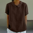 thumbnail image 1 of Fartey Women's Cotton Linen Shirts Cute Lapel Doll Neck T Shirts Summer Short Sleeve Tops Loose Breathable Solid Color Casual Blouses Brown L, 1 of 6