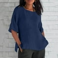 thumbnail image 1 of Fartey Women's Cotton Linen Shirts Plus Size 3/4 Sleeve Tops Loose Fit Summer Crew Neck T Shirts Casual Lightweight Solid Color Basic Blouses Dark Blue XXXL, 1 of 5