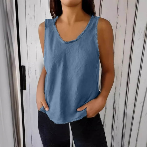 Fartey Women's Cotton Linen Tank Tops Fashion Raw Edge V Neck Tanks Summer Sleeveless Shirts Loose BreathableSolid Color Casual Camisoles Blue XXL
