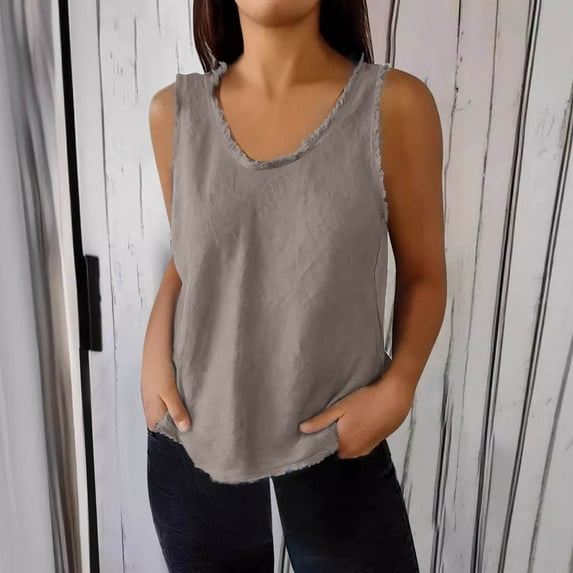 Fartey Women's Cotton Linen Tank Tops Fashion Raw Edge V Neck Tanks Summer Sleeveless Shirts Loose BreathableSolid Color Casual Camisoles Gray S
