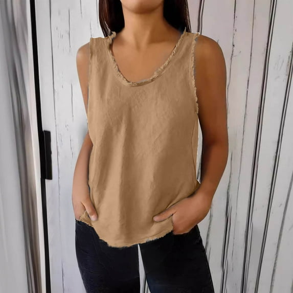 Fartey Women's Cotton Linen Tank Tops Fashion Raw Edge V Neck Tanks Summer Sleeveless Shirts Loose BreathableSolid Color Casual Camisoles Khaki S