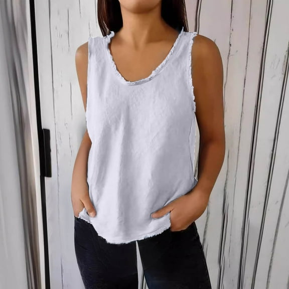 Fartey Women's Cotton Linen Tank Tops Fashion Raw Edge V Neck Tanks Summer Sleeveless Shirts Loose BreathableSolid Color Casual Camisoles White XXXL