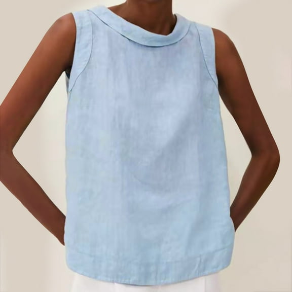 Fartey Women's Cotton Linen Tank Tops Lightweight Breathable Sleeveless Shirt Summer Solid Color Crew Neck Casual Undershirt Blue S