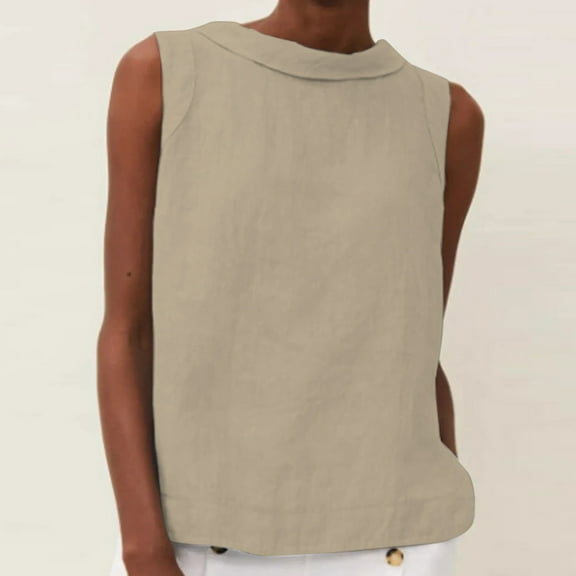 Fartey Women's Cotton Linen Tank Tops Lightweight Breathable Sleeveless Shirt Summer Solid Color Crew Neck Casual Undershirt Khaki M