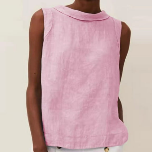 Fartey Women's Cotton Linen Tank Tops Lightweight Breathable Sleeveless Shirt Summer Solid Color Crew Neck Casual Undershirt Pink M