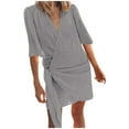 thumbnail image 1 of Fartey Women's Cotton Linen Wrap Dresses Elegant Short Sleeve V Neck Mini dress Solid Color Summer Beach Vacation Cocktail Dress Gray XXL, 1 of 5