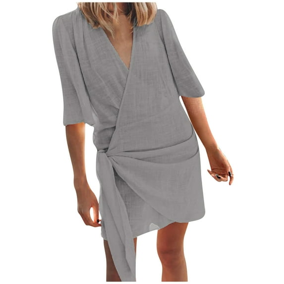 Fartey Women's Cotton Linen Wrap Dresses Elegant Short Sleeve V Neck Mini dress Solid Color Summer Beach Vacation Cocktail Dress Gray XXL