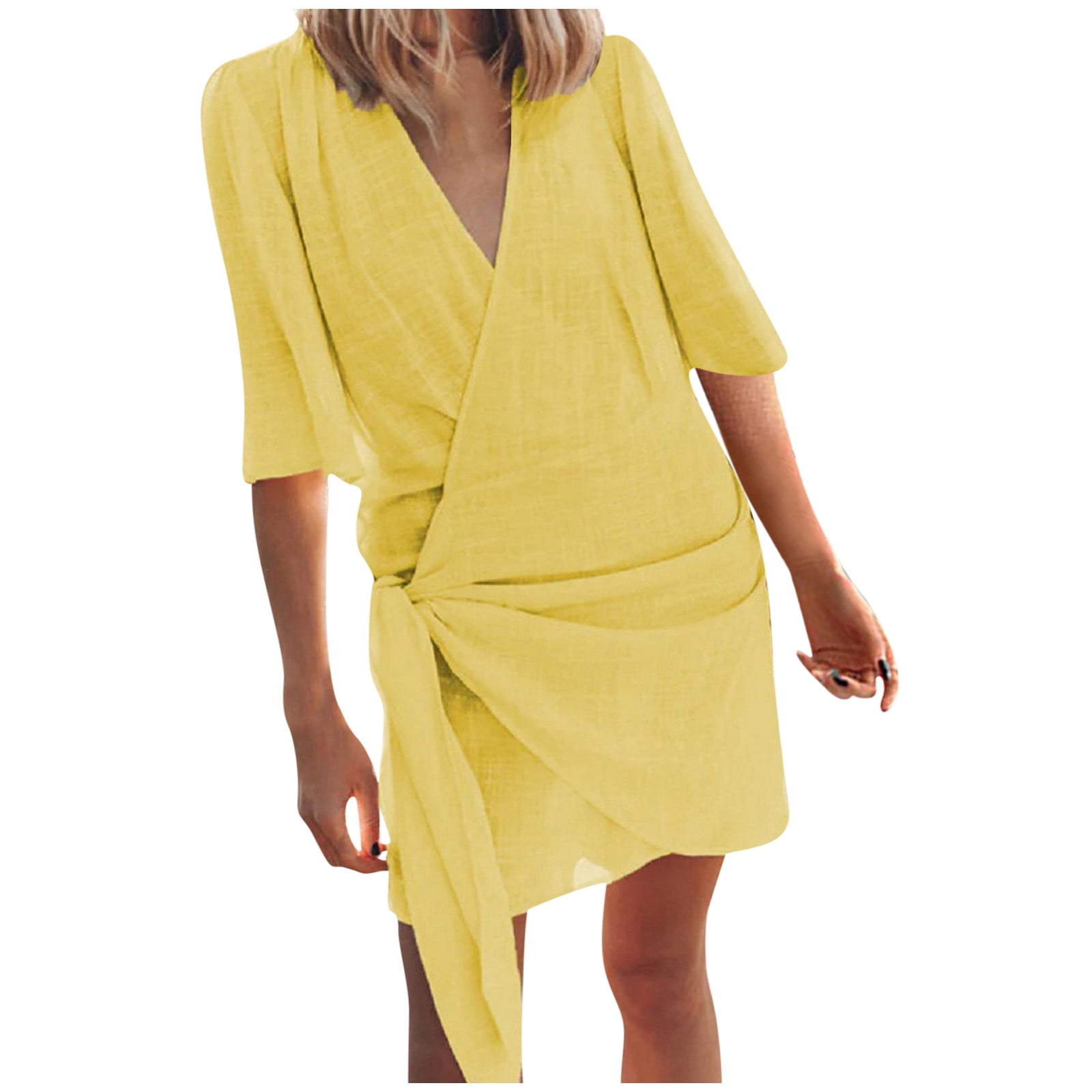 Fartey Women's Cotton Linen Wrap Dresses Elegant Short Sleeve V Neck Mini Dress Solid Color Summer Beach Vacation Cocktail Dress Yellow S, Size: Small