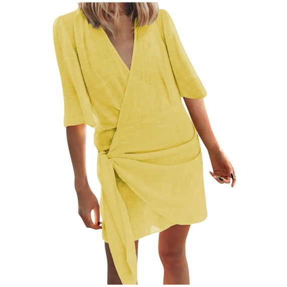 Fartey Women's Cotton Linen Wrap Dresses Elegant Short Sleeve V Neck Mini dress Solid Color Summer Beach Vacation Cocktail Dress Yellow XXXL