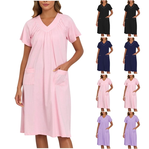 Fartey Women's Cotton Nightgown with Pockets Loose Casual Short Sleeve Pleated V Neck Pajamas Nightshirt Soft Comfy Sleepwear Black L