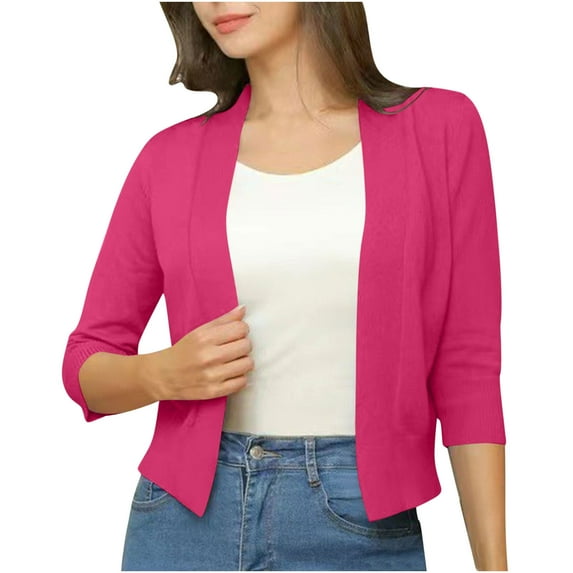 Fartey Women's Cropped Cardigan Sweaters Fashion Elegant 3/4 Sleeve Open Front Fall Solid Color Knit Sweaters Business Casual Work Sweater Hot Pink L