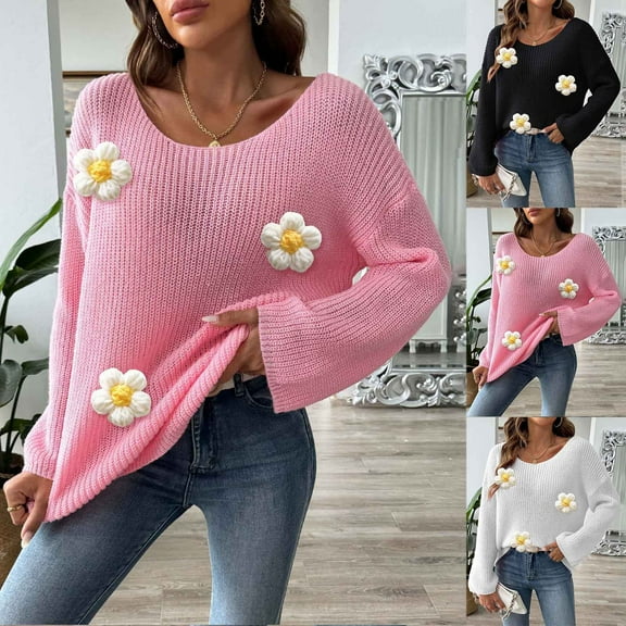 Fartey Women's Cute Flower Sweater Soft Lightweight Long Sleeve Drop Shoulder Knitted Pullvoer Sweaters Cozy Fall Winter Crew Neck Knitwear Pink L