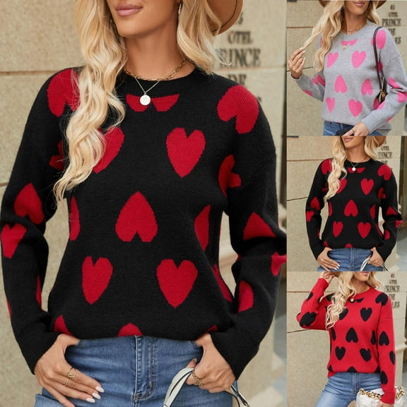 Fartey Women's Cute Heart Sweaters Slim Fit Long Sleeve Crew Neck Knitted Pullover Tops Casual Drop Shoulder Sweaters Fall Winter Cozy Sweater Red XL