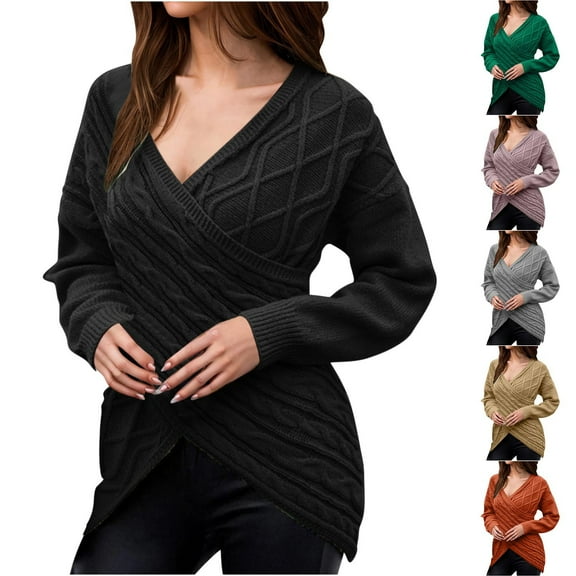 Fartey Women's Deep V Neck Sweaters Cross Wrap Front Cable Knit Pullover Sweater Slim Fit Long Sleeve Asymmetrical Sweaters Jumper Tops Purple S