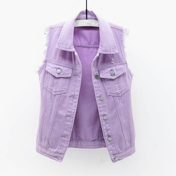 Fartey Womenโs Denim Vest Jackets Plus Size Cropped Sleeveless Jean Vest Casual Button Down Slim Jacket Fashion Solid Color Frayed Jacket with Pockets