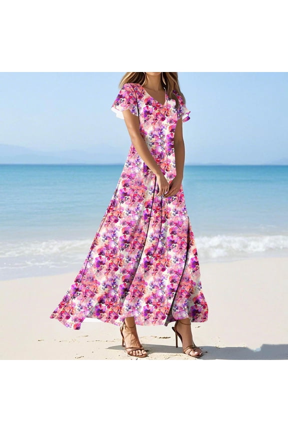 Women's Easter Dresses Floral Print V Neck Maxi Dress Flowy Ruffle Short Sleeve Swing Dresses Loose Casual Beach Vacation Sundress Multicolor L