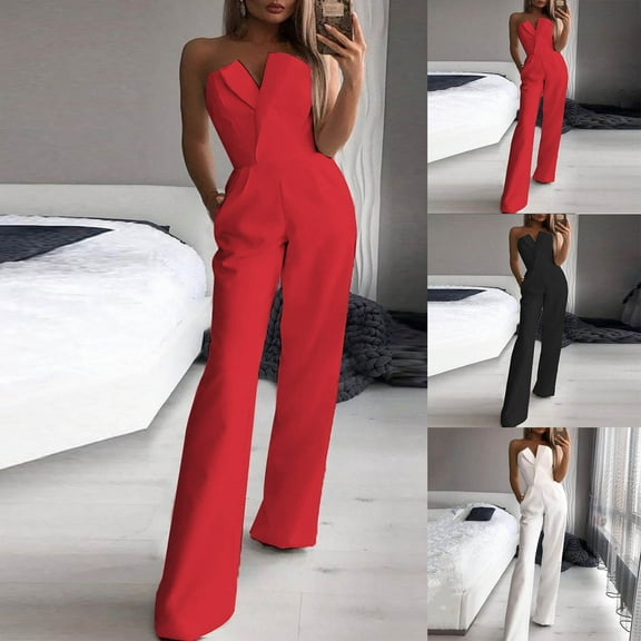 Fartey Women's Elegant Rompers Fashion V Neck Strapless High Waist Wide Leg Long Pants Jumpsuits Fall Solid Color Party Club Outfits Black L