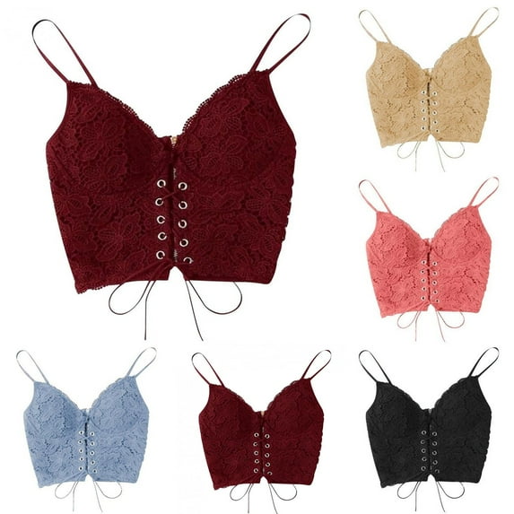 Fartey Women's Eyelet Lace Up Sleeveless Camisole Fashion Cute Strappy Bustier Bralette Crop Shirt Solid Color Basic Cami Corset Tank Tops Pink S