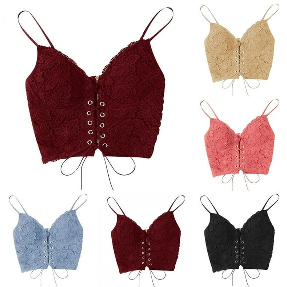 Fartey Women's Eyelet Lace Up Sleeveless Camisole Fashion Cute Strappy Bustier Bralette Crop Shirt Solid Color Basic Cami Corset Tank Tops Sky Blue L