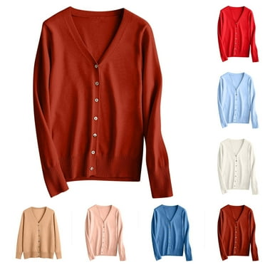 Fartey Women's Fall Cardigan Loose Casual Long Sleve Button Down Neck Classic Sweater Soft Comfy Front Open Fall Solid Color Simple Knit Cardigans Red S-3XL
