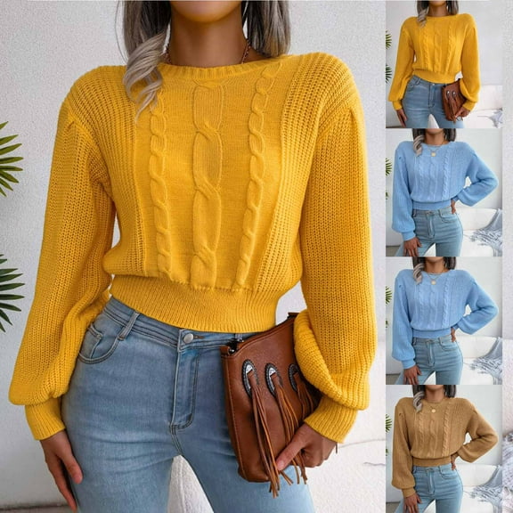 Fartey Women's Fall Crooped Sweater Trendy Ribbed Knit Crew Neck Pullover Tops Loose Casual Fall Winter Solid Color Long Sleeve Sweaters Yellow M