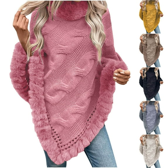 Fartey Women's Fall Shawl Wrap Loose Fit Winter Warm Faux Fur Collar Cape Sweater Jacket Cable Knit Shawls Scarf Poncho Irregular Tops Gray Free Size