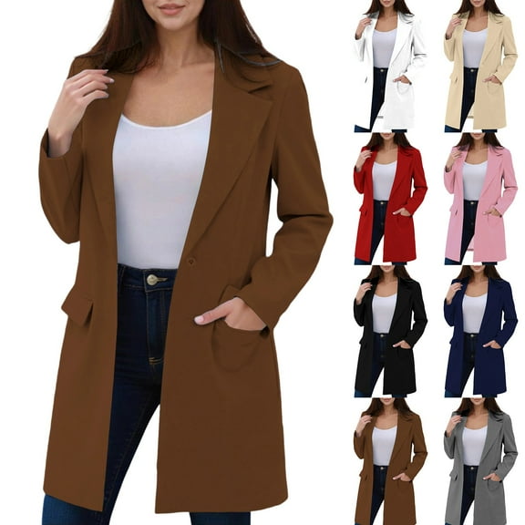 Fartey Women's Fall Winter Long Blazer Jackets Dressy Button Front Lapel Long Sleeve Jacket Business Casual Office Work Blazer Outerwear with Pockets Navy L