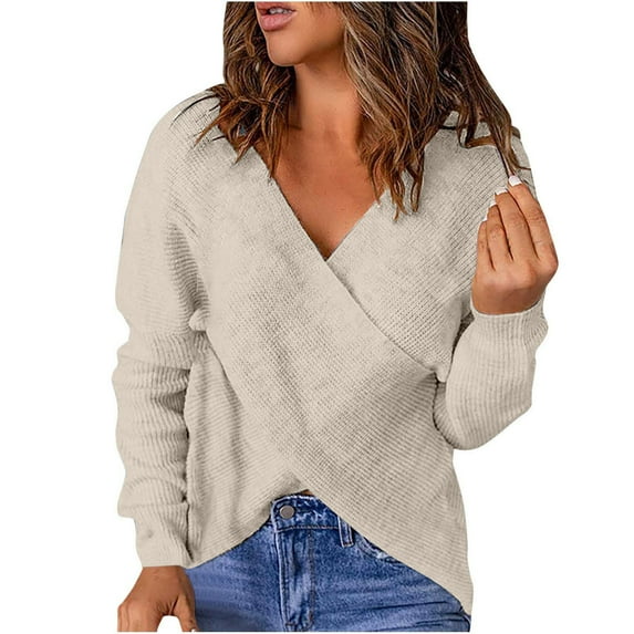 Fartey Women's Fall Wrap Knit Sweater Solid Color Deep V Neck Long Sleeve Pullover Sweater Soft Comfy Ribbed Knitted Sweaters Beige S