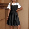 thumbnail image 1 of Fartey Women's Fashion Fake Two Pieces Dress Casual Summer Short Sleeve Crewneck Knee Length Dresses Lightweight Spaghetti Strap Tiered Slip Dress Holiday Sundress Black L, 1 of 9