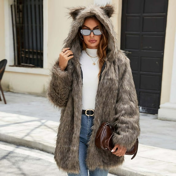 Fartey Women's Faux Fur Coat Winter Warm Fuzzy Parkas with Hood Loose Casual Long Sleeve Open Front Fashion Solid Color Sherpa Thermal Outerwear