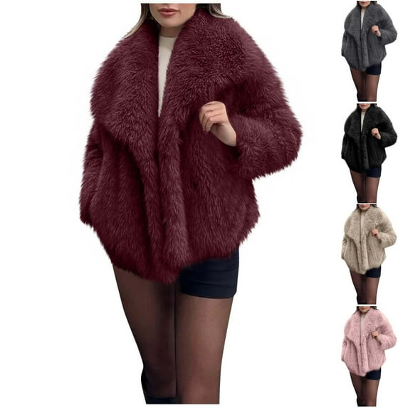 Fartey Women's Faux Fur Coats Elegant Long Sleeve Lapel Jackets Shaggy Winter Warm Coat Fashion Solid Color Open Front Outerwear Pink 2XL