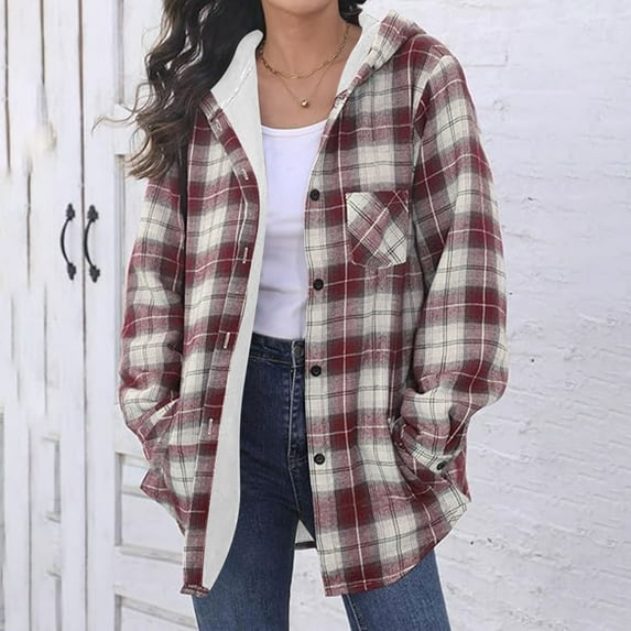 Fartey Women's Flannel Fleece Shacket Jacket Plaid Button Down Long Sleeve Hooded Jackets 2025 Fall Winter Warm Coat with Pockets