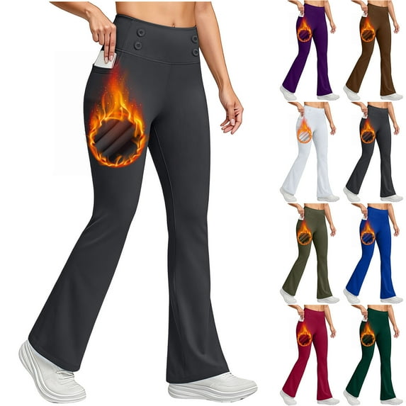 Fartey Women's Fleece Lined Flare Leggings with Pockets Tummy Control High Waist Winter Thermal Warm Bootcut Legging Soft Yoga Pants White 2XL