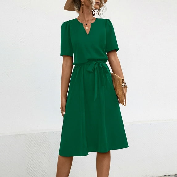 Fartey Women's Formal Dresses 2025 Summer Short Sleeve Tie Waist A-Line Swing Dress Business Casual Solid Color V Neck Midi Dress Elegant Work Dress Green XL
