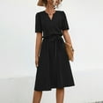 thumbnail image 1 of Fartey Women's Formal Dresses 2025 Summer Short Sleeve Tie Waist A-Line Swing Dress Business Casual Solid Color V Neck Midi Dress Elegant Work Dress Black L, 1 of 8