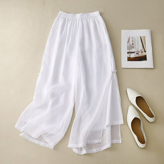 Fartey Women's Frog Button Wide Leg Cotton Linen Pants Baggy Elastic Waist Chinese Palazzo Lounge Pant Summer Lightweight Comfy Side Split Daily Trousers,2XL