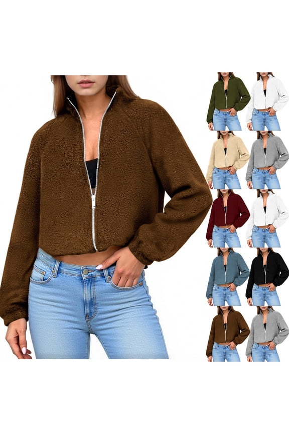 Women's Full Zip Fleece Short Jacket Warm Winter Long Sleeve Stand Collar Sherpa Cropped Coat Fashion Solid Color Going Out Jackets Blue XL