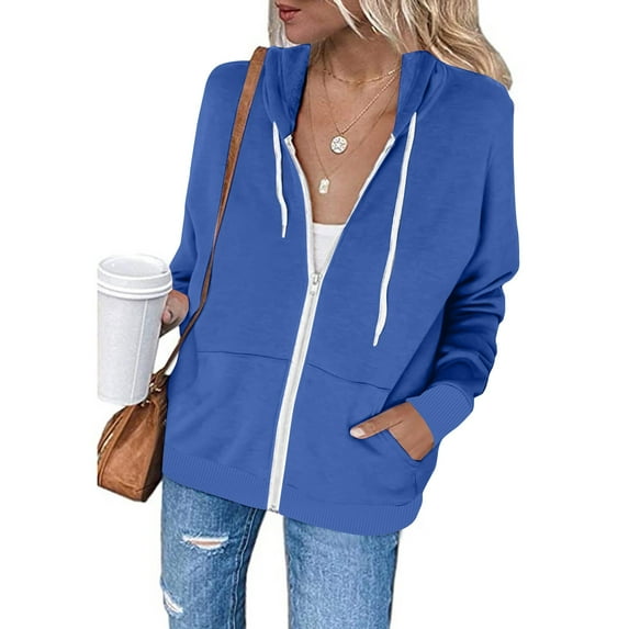 Fartey Women's Full Zip Up Hoodie Casual Loose Long Sleeve Drawstring Hooded Jackets Fashion Fall Solid Color Jacket Coat with Pockets