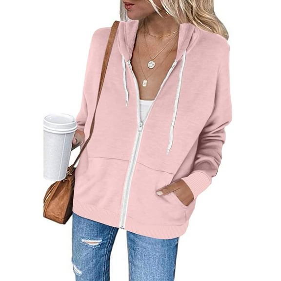 Fartey Women's Full Zip Up Hoodie Casual Loose Long Sleeve Drawstring Hooded Jackets Fashion Fall Solid Color Jacket Coat with Pockets