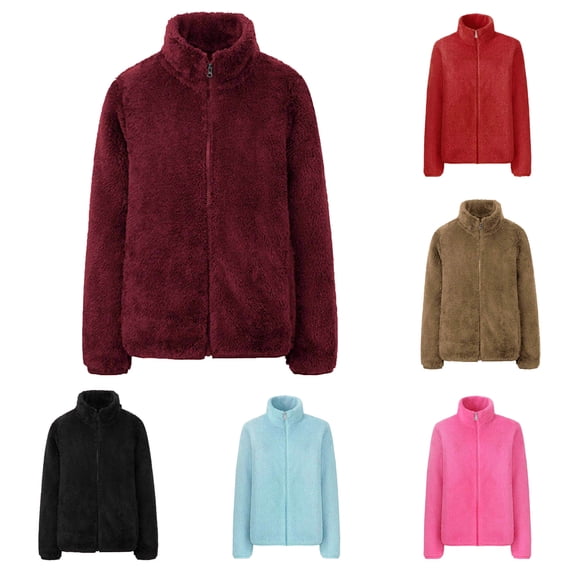 Fartey Women's Fuzzy Fleece Jacket Plus Size Full Zip Up Coats Winter Warm Sherpa Coat Lightweight Long Sleeve Stand Collar Outerwear Blue XL