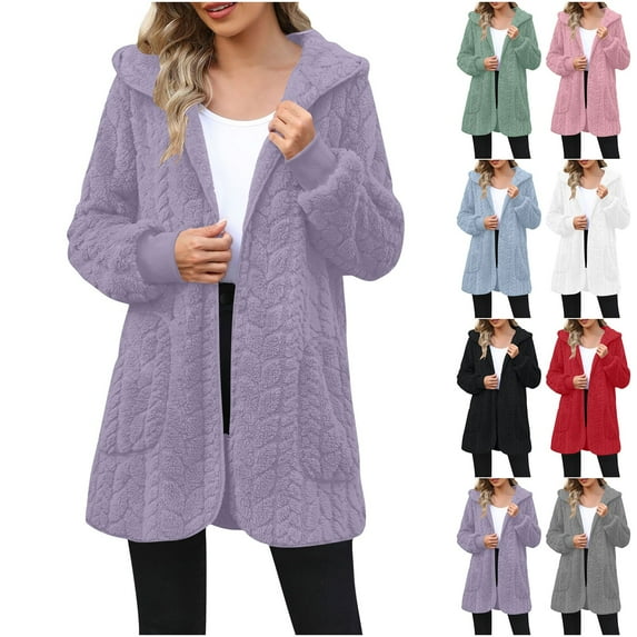 Fartey Women's Fuzzy Fleece Jacket Winter Warm Long Sherpa Hoodie Coat Casual Long Sleeve Hooded Jackets Open Front Cardigan Outerwear with Pockets Gray S