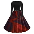 thumbnail image 1 of Fartey Women's Halloween Midi Dresses Retro Halloween Print Splicing Big Hem Dresses Casual Loose Long Sleeve Round Neck A-Line Dress Cosplay Party Costume, 1 of 3