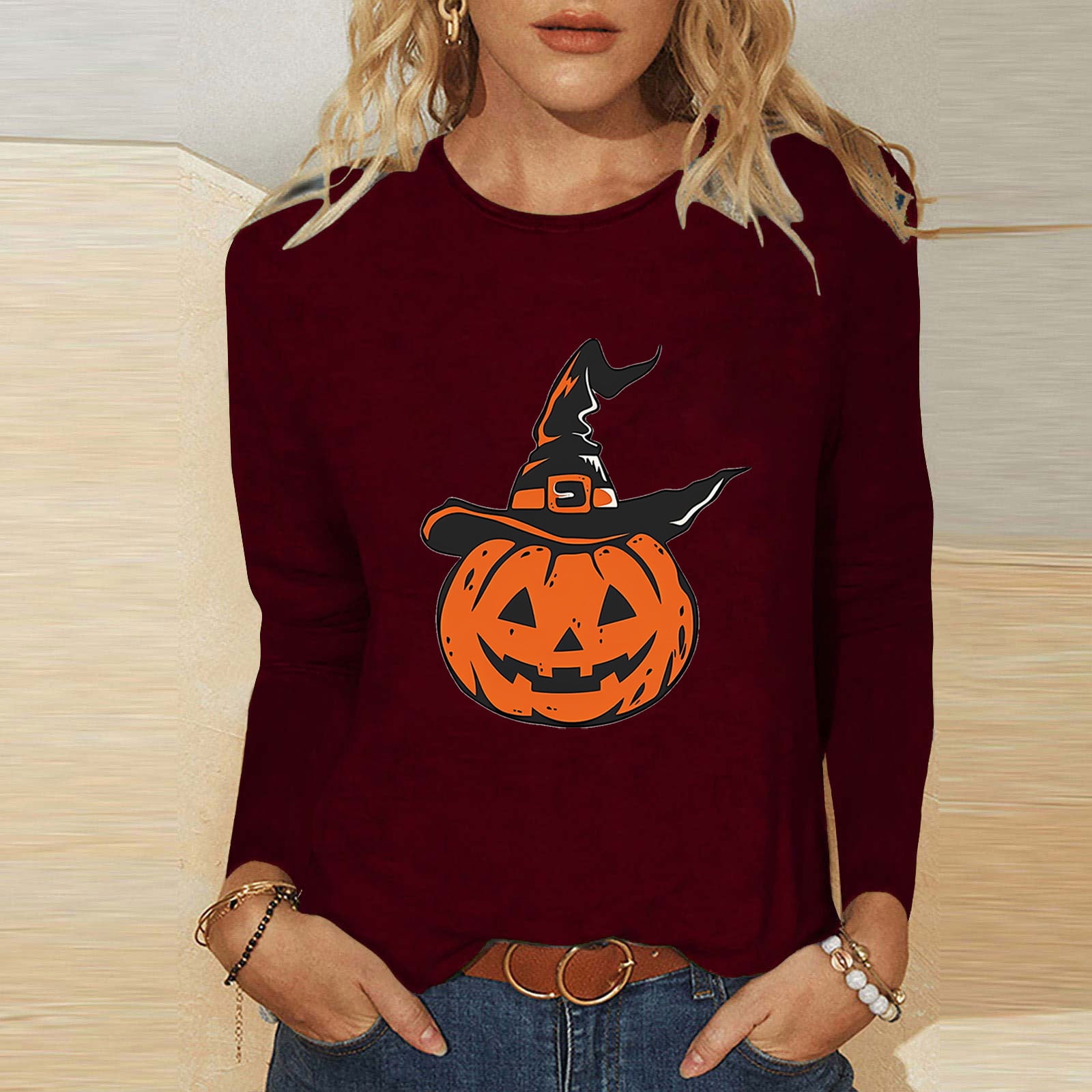 Women's T shirt Tee Halloween Funny Long Sleeve Navy Blue Spring Fall main image 1