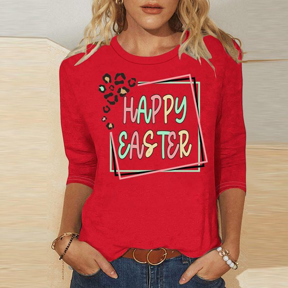 Fartey Women's Happy Easter Shirts Funny Letter Printed T Shirts Slim Fit 3/4 Sleeve Crew Neck Tunic Tops Fashion Graphic Tees Soft Comfy Summer Holiday Blouses Red S-5XL