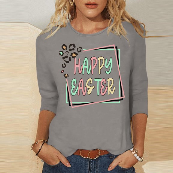 Fartey Women's Happy Easter Shirts Funny Letter Printed T Shirts Slim Fit 3/4 Sleeve Crew Neck Tunic Tops Fashion Graphic Tees Soft Comfy Summer Holiday Blouses Gray S-5XL